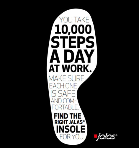Vit fotsula på svart bakgrund med text: 10.000 steps a day at work. Jalas varumärke längst ner till höger. 